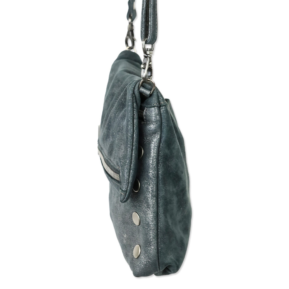 Hammitt Medium Blue Nubuck Zippered Leather Crossbody Clutch