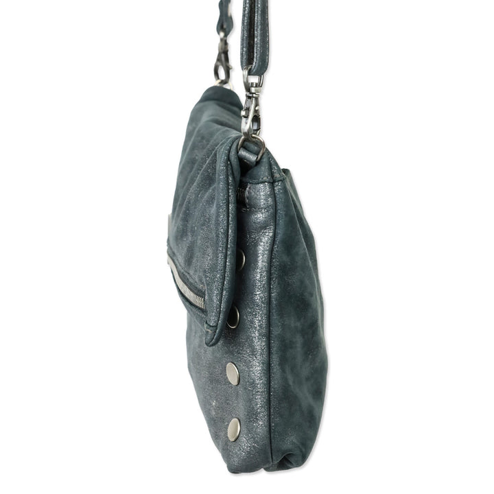 Hammitt Medium Blue Nubuck Zippered Leather Crossbody Clutch