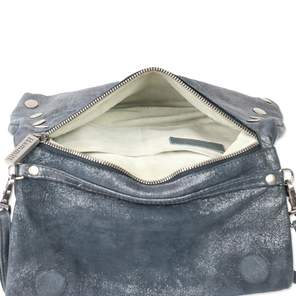 Hammitt Medium Blue Nubuck Zippered Leather Crossbody Clutch