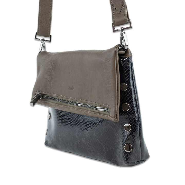 Hammitt VIP Med Black Snakeskin/Taupe Leather Crossbody Clutch