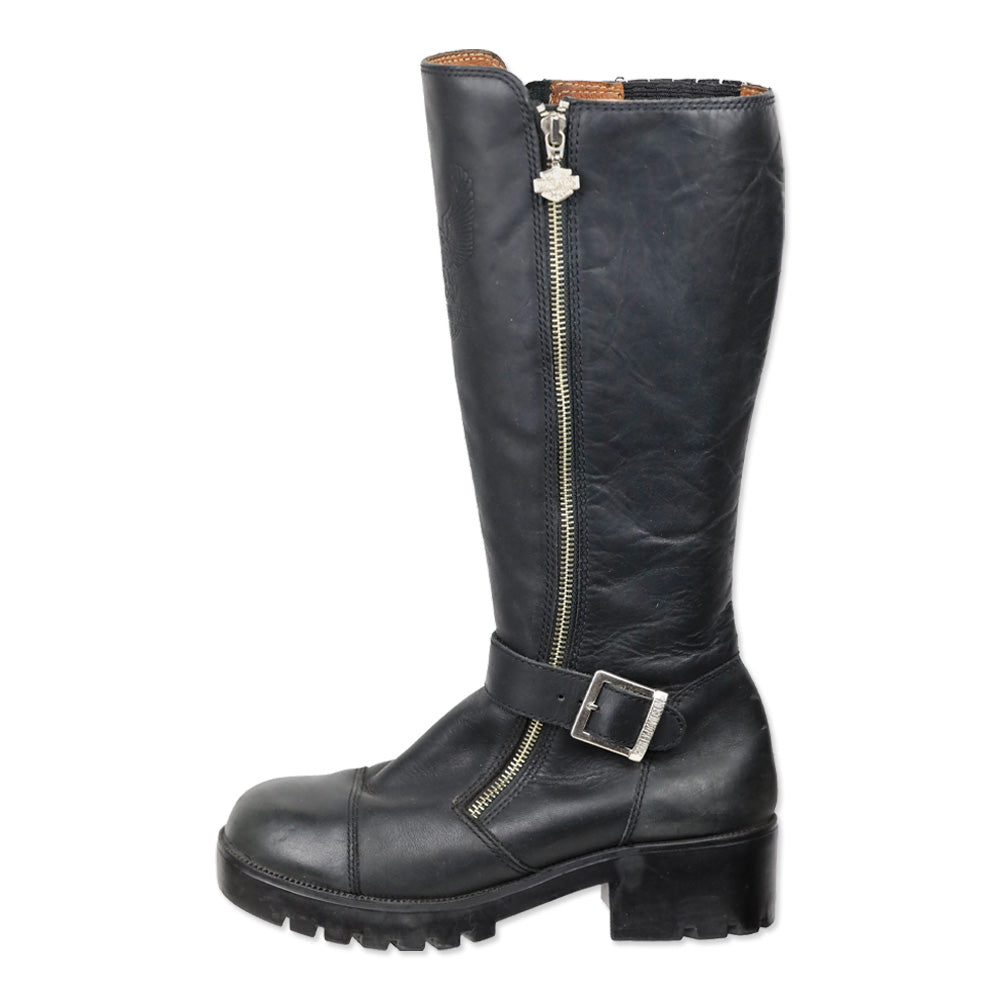 Harley Davidson Black Leather Embossed Logo Tall Riding Buckle Boot