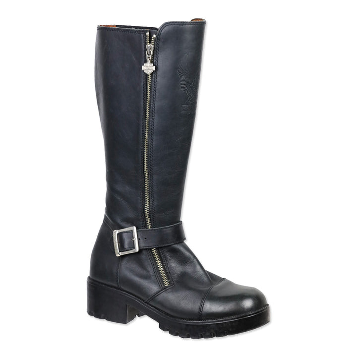 Harley Davidson Black Leather Embossed Logo Tall Riding Buckle Boot
