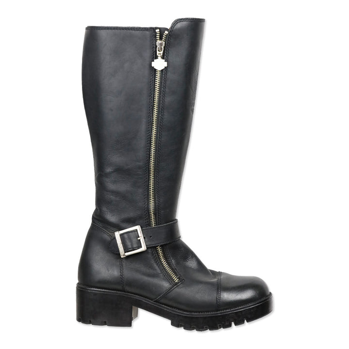 Harley Davidson Black Leather Embossed Logo Tall Riding Buckle Boot