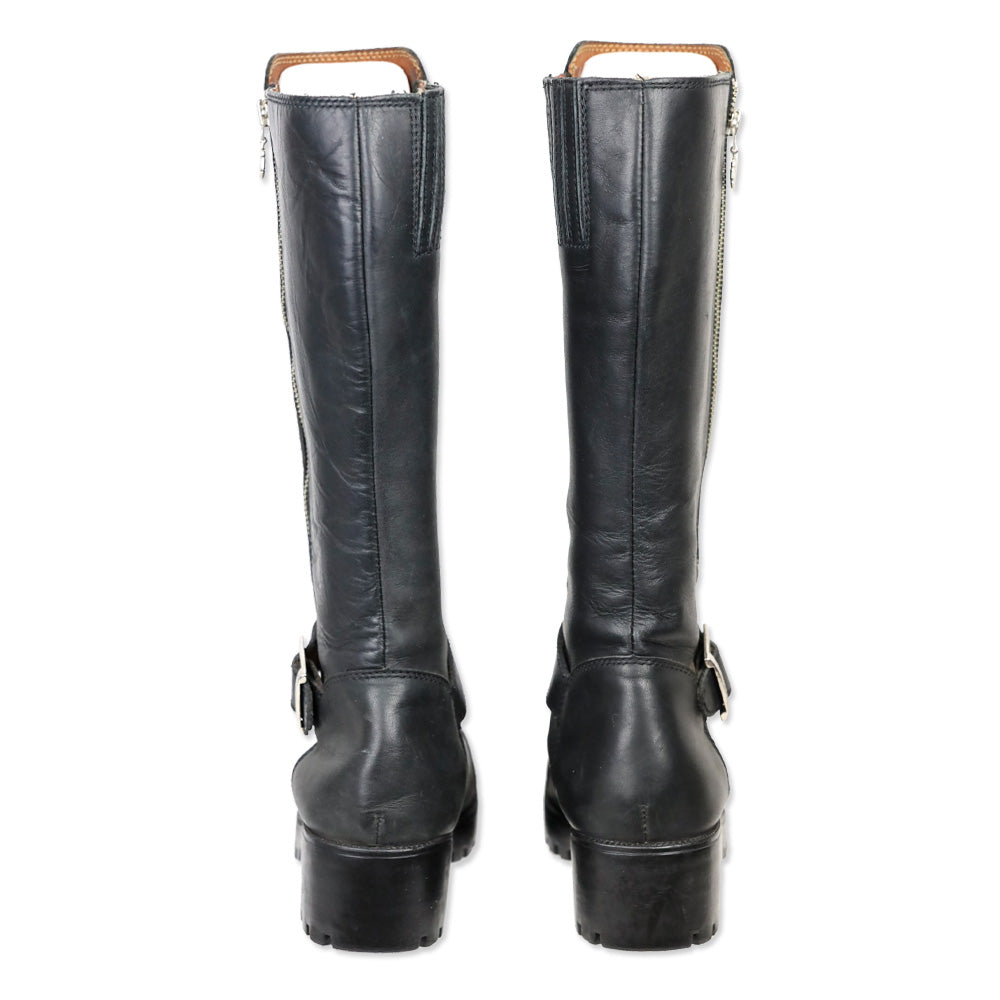 Harley Davidson Black Leather Embossed Logo Tall Riding Buckle Boot