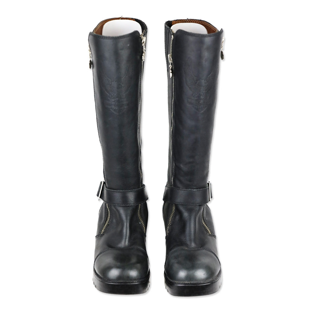 Harley Davidson Black Leather Embossed Logo Tall Riding Buckle Boot