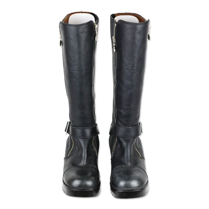 Harley Davidson Black Leather Embossed Logo Tall Riding Buckle Boot