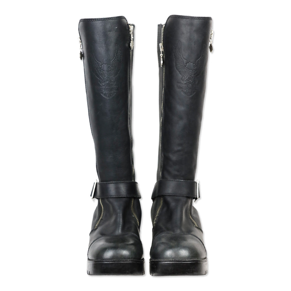 Harley Davidson Black Leather Embossed Logo Tall Riding Buckle Boot
