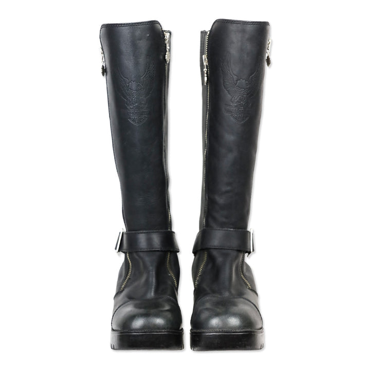 Harley Davidson Black Leather Embossed Logo Tall Riding Buckle Boot