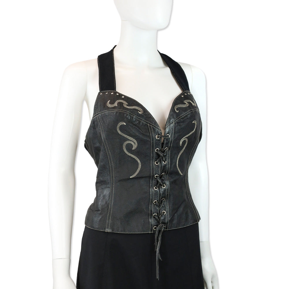 Harley Davidson Black Studded Leather Corset Halterneck Top