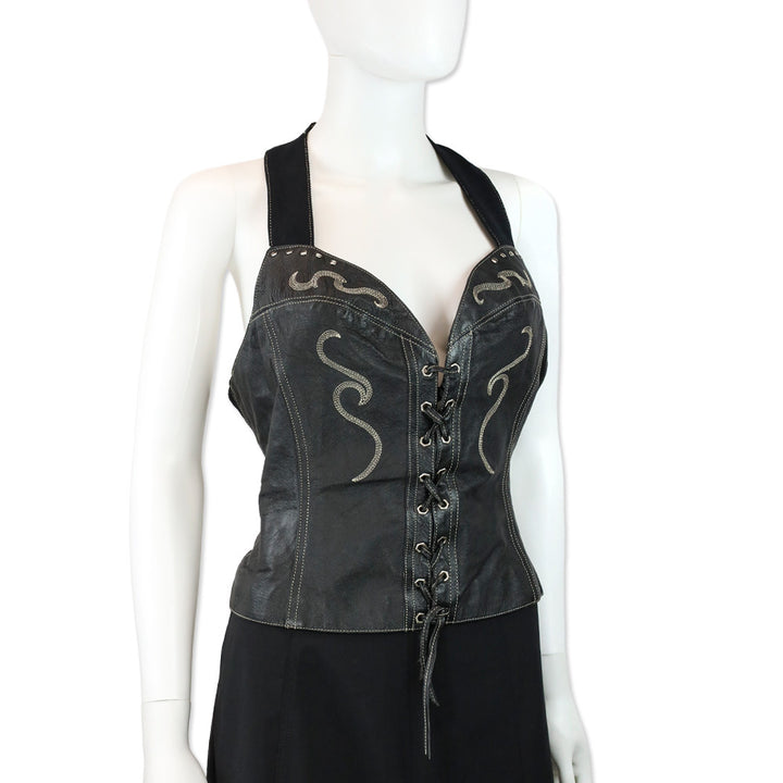 Harley Davidson Black Studded Leather Corset Halterneck Top