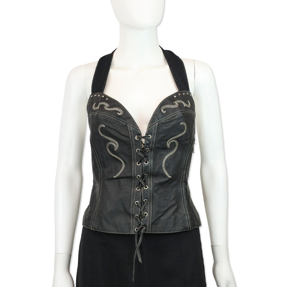 Harley Davidson Black Studded Leather Corset Halterneck Top