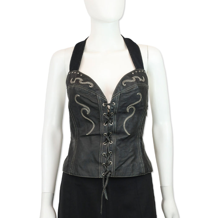 Harley Davidson Black Studded Leather Corset Halterneck Top