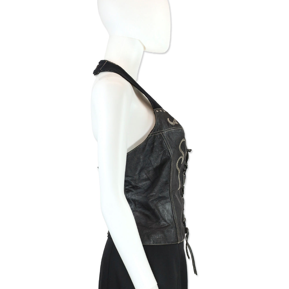 Harley Davidson Black Studded Leather Corset Halterneck Top