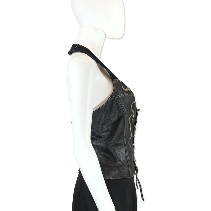 Harley Davidson Black Studded Leather Corset Halterneck Top