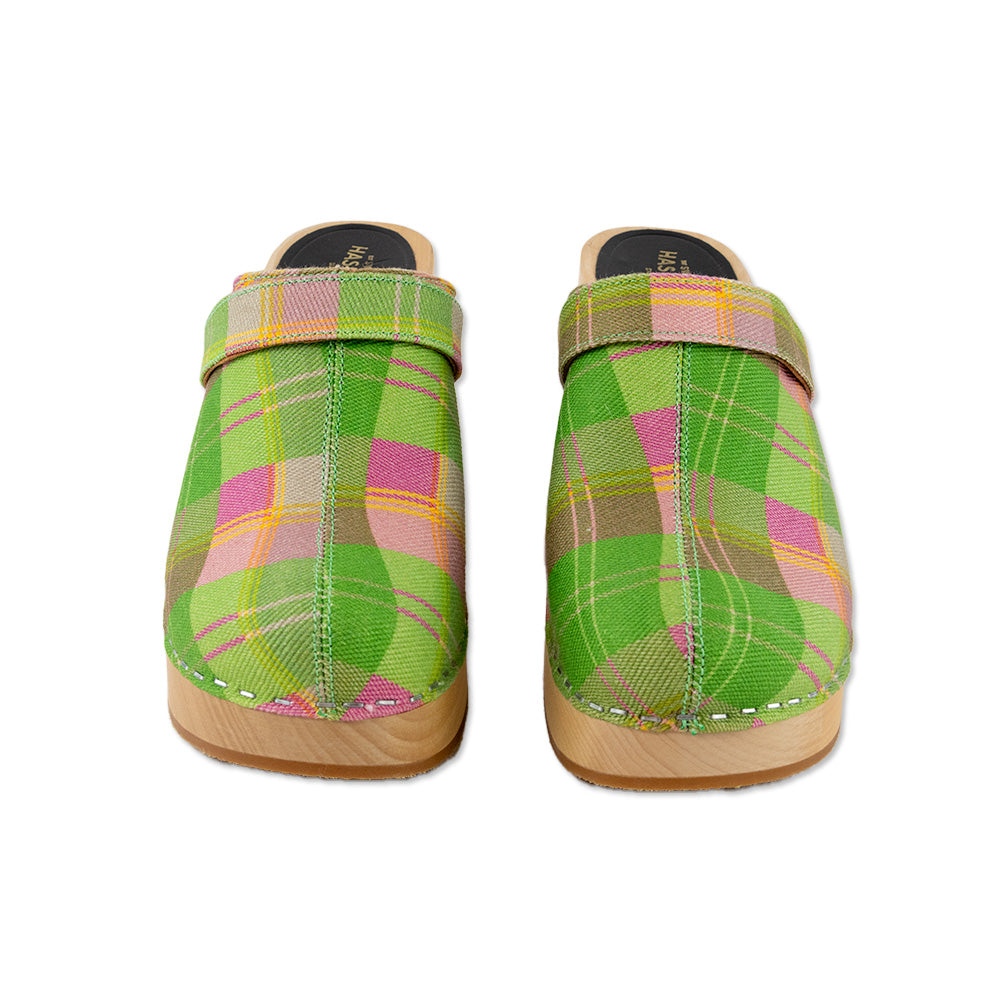 Hasbeens Green Plaid Wooden Clogs