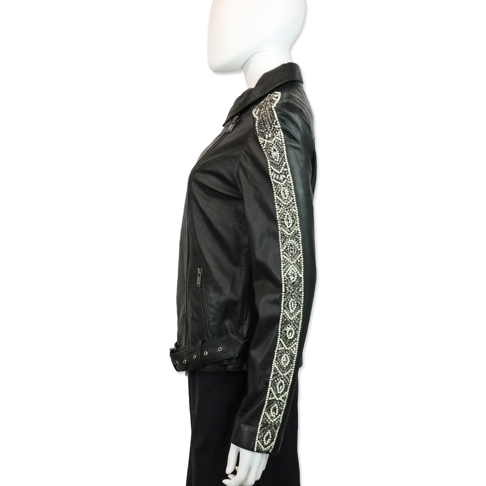 Haute Hippie Black Leather Beaded Trim Moto Jacket