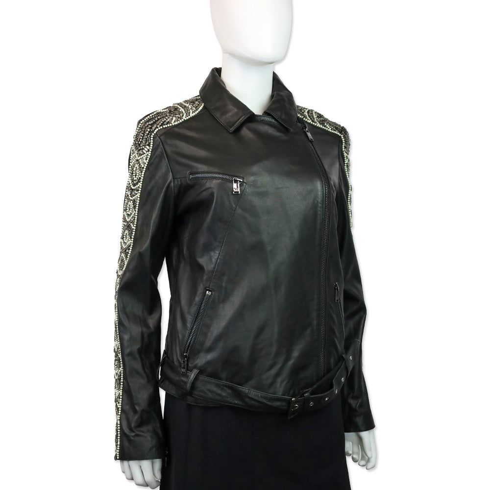 Haute Hippie Black Leather Beaded Trim Moto Jacket