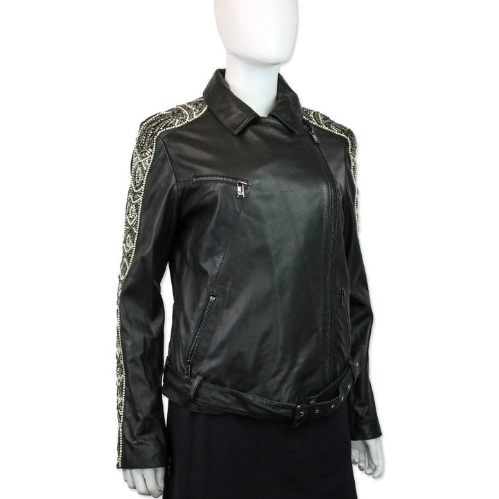 Haute Hippie Black Leather Beaded Trim Moto Jacket