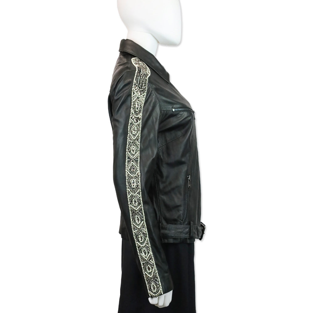 Haute Hippie Black Leather Beaded Trim Moto Jacket