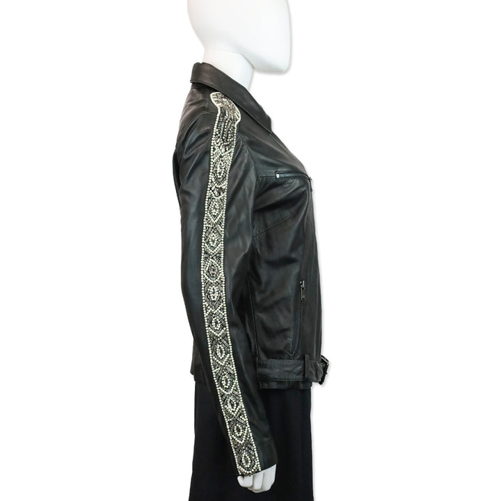 Haute Hippie Black Leather Beaded Trim Moto Jacket