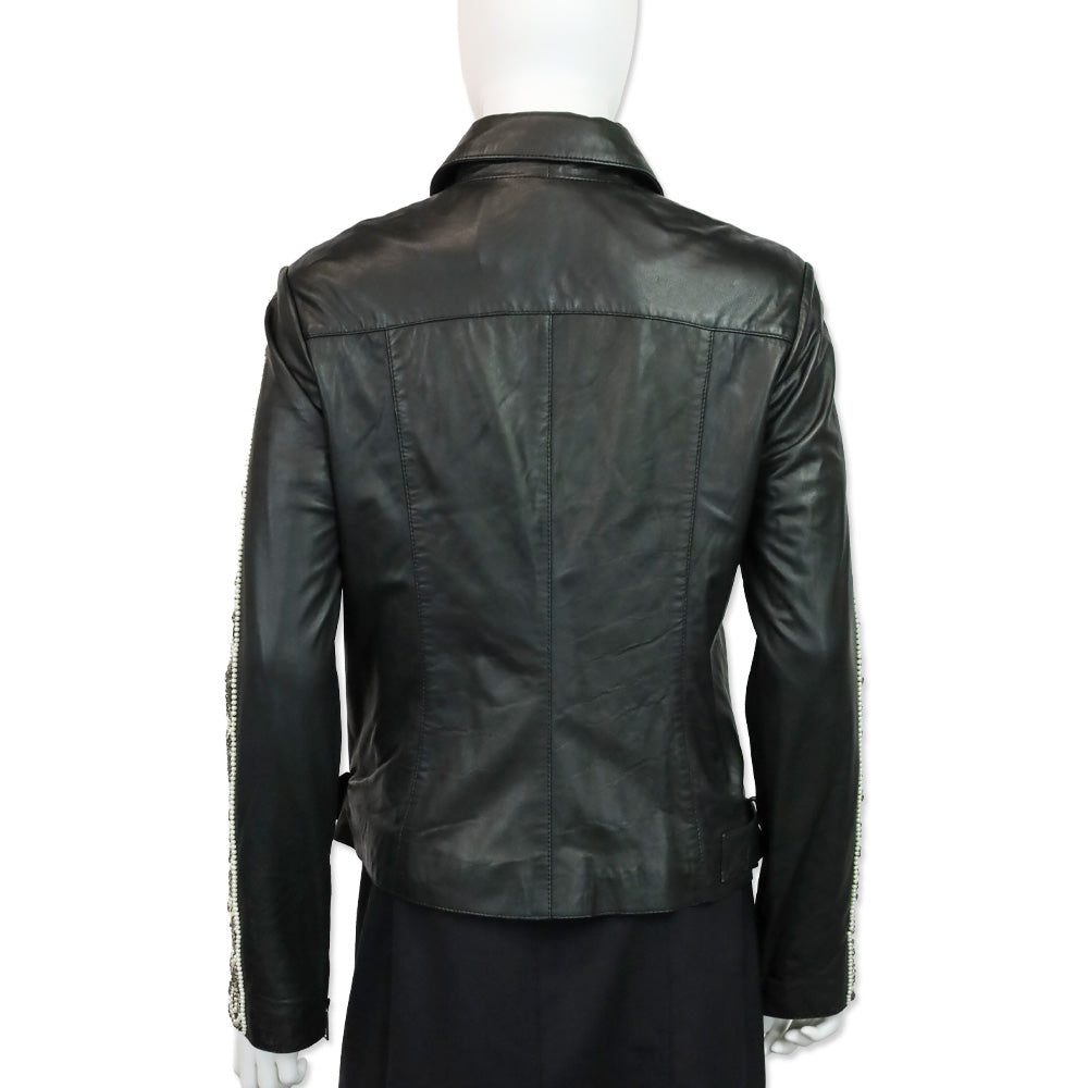 Haute Hippie Black Leather Beaded Trim Moto Jacket