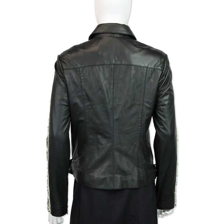 Haute Hippie Black Leather Beaded Trim Moto Jacket