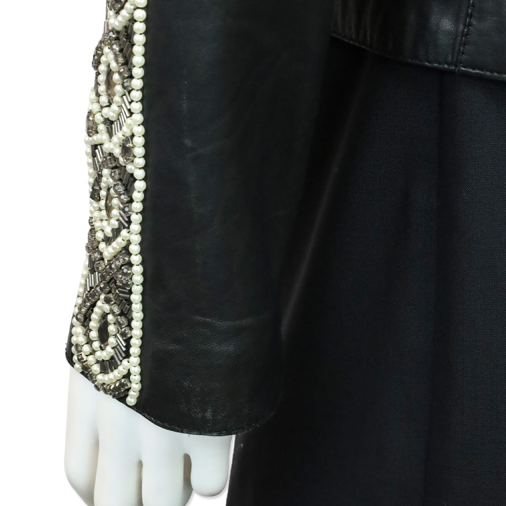 Haute Hippie Black Leather Beaded Trim Moto Jacket