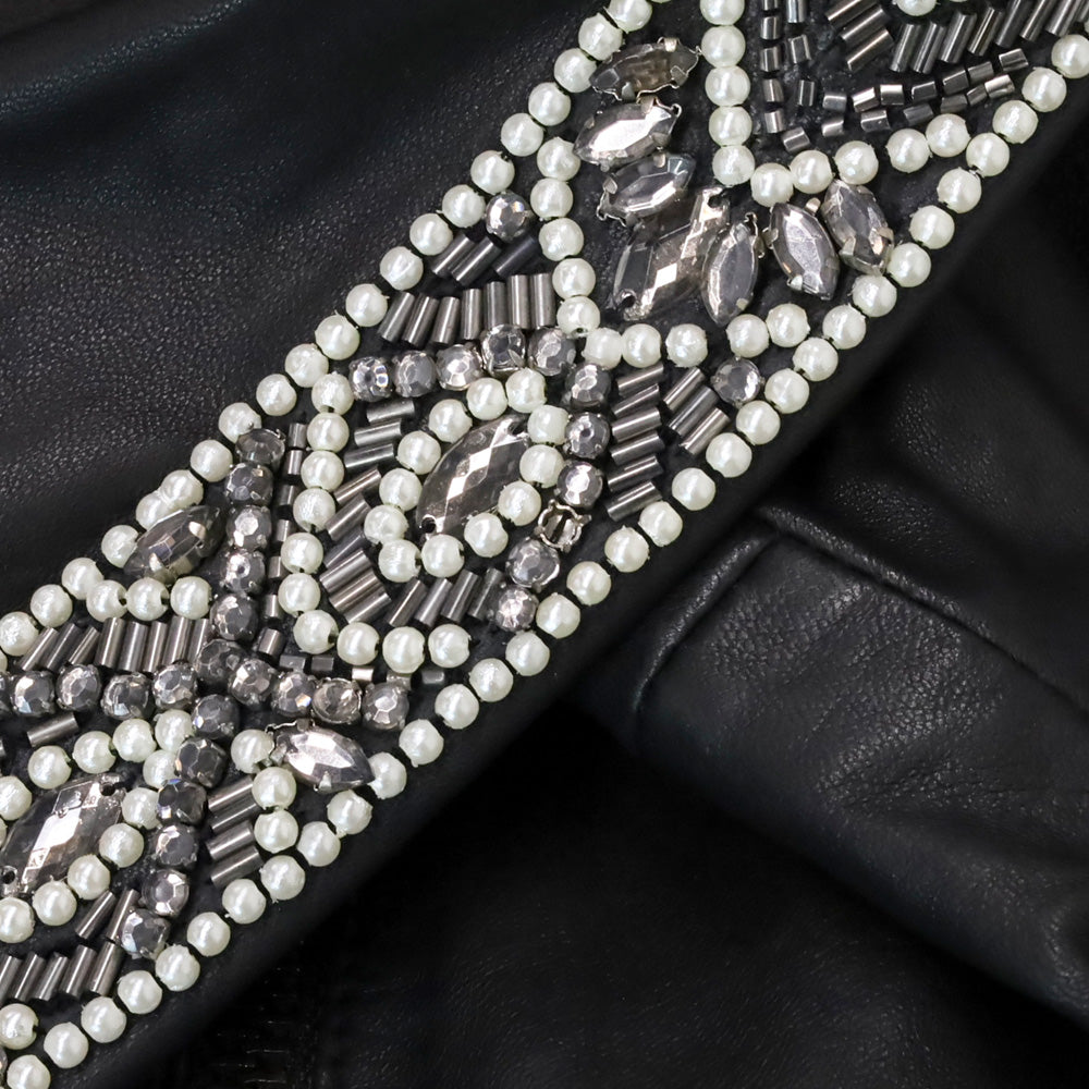 Haute Hippie Black Leather Beaded Trim Moto Jacket