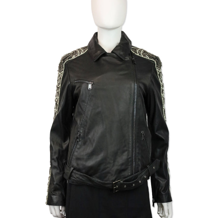 Haute Hippie Black Leather Beaded Trim Moto Jacket