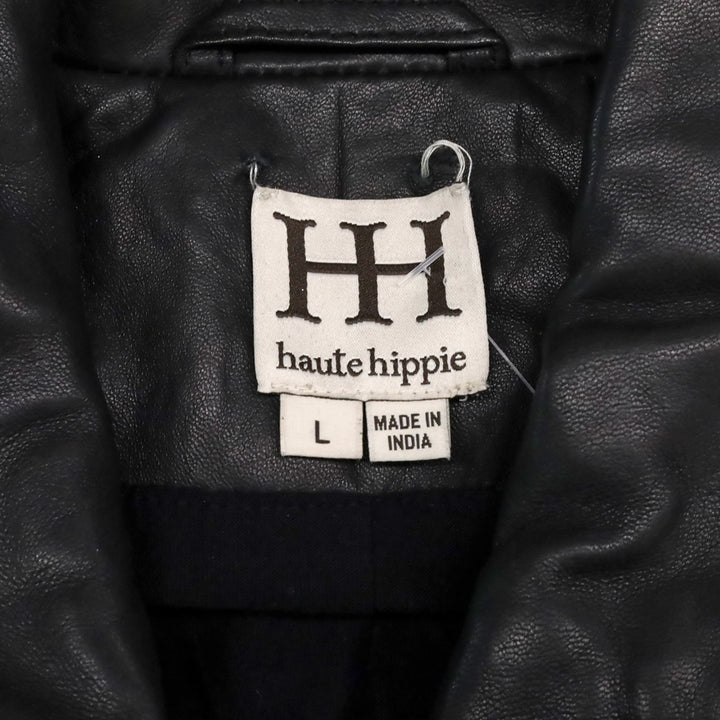 Haute Hippie Black Leather Beaded Trim Moto Jacket
