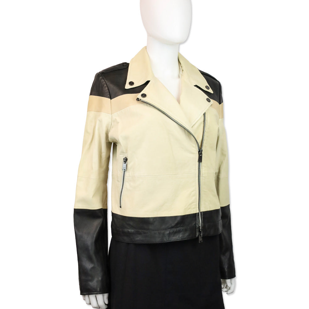 Haute Hippie Black & Beige Colorblock Leather Moto Jacket