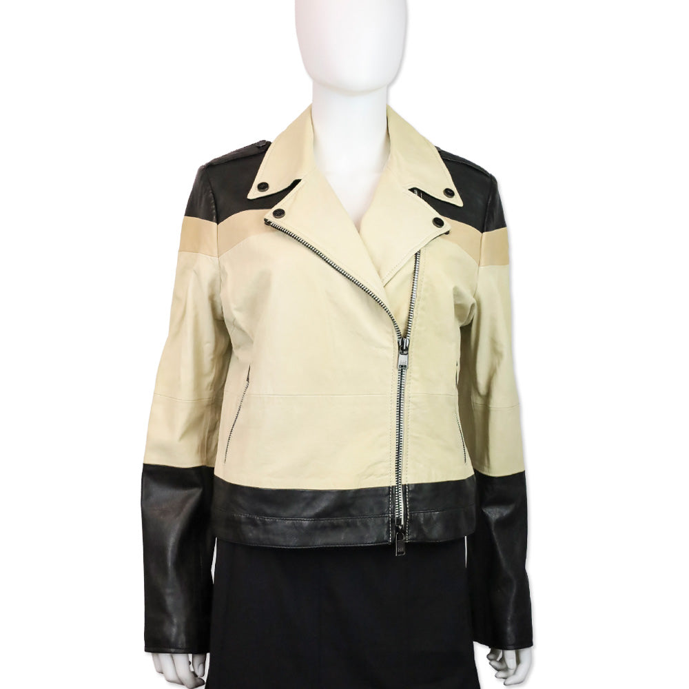 Haute Hippie Black & Beige Colorblock Leather Moto Jacket