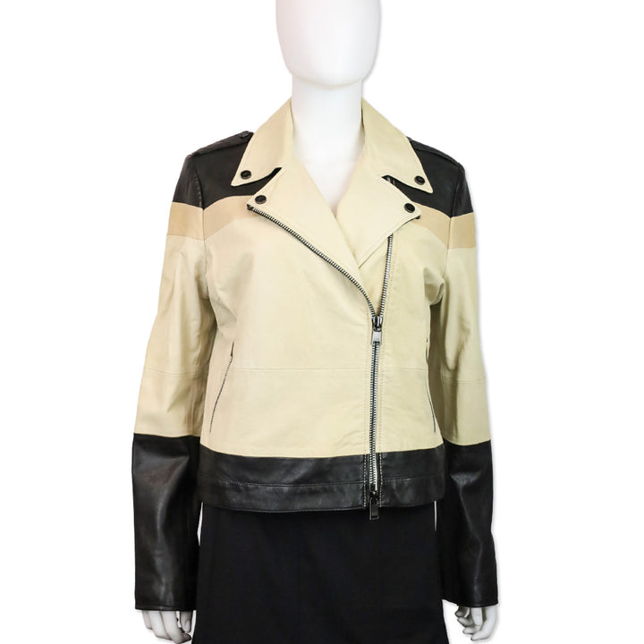 Haute Hippie Black & Beige Colorblock Leather Moto Jacket