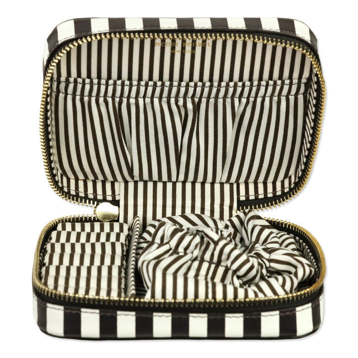 Henri Bendel Brown & White Centennial Stripe Travel Jewelry Case