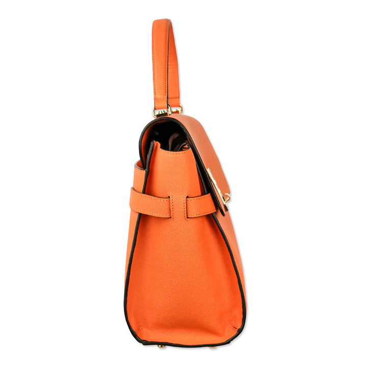 Henri Bendel Uptown Orange Leather Turnlock Top Handle Flap Satchel Bag
