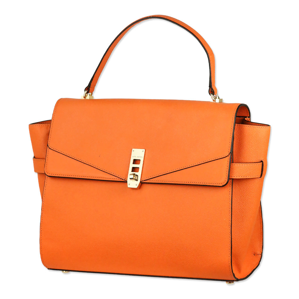 Henri Bendel Uptown Orange Leather Turnlock Top Handle Flap Satchel Bag