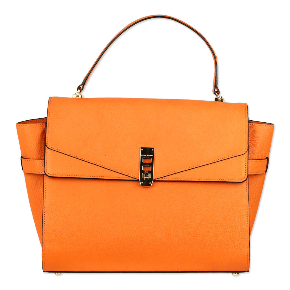 Henri Bendel Uptown Orange Leather Turnlock Top Handle Flap Satchel Bag