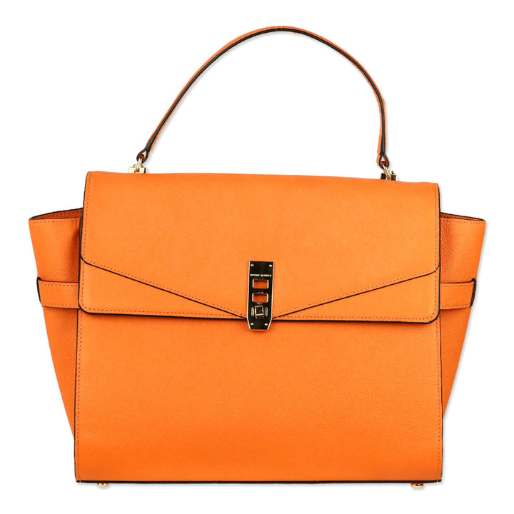 Henri Bendel Uptown Orange Leather Turnlock Top Handle Flap Satchel Bag