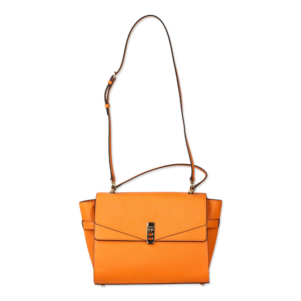Henri Bendel Uptown Orange Leather Turnlock Top Handle Flap Satchel Bag