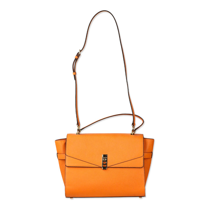 Henri Bendel Uptown Orange Leather Turnlock Top Handle Flap Satchel Bag