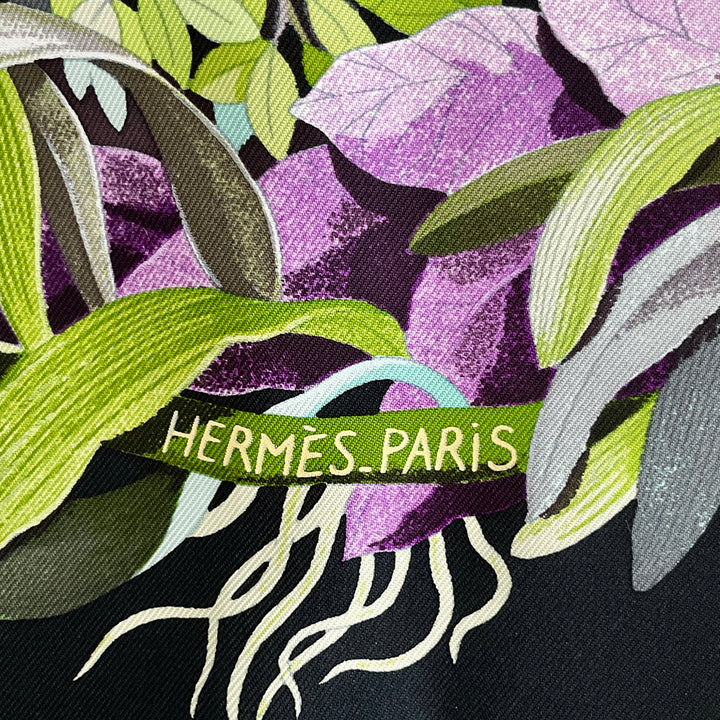 Hermès Au Coeur de la Vie Black Botanical Print Silk Scarf