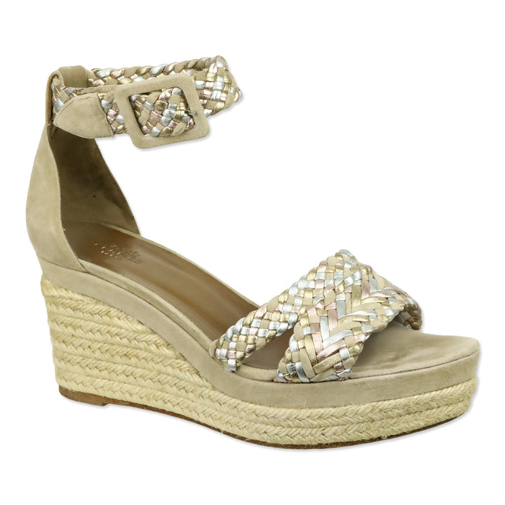 Hermès Beige Multicolor Braided Espadrille Wedge Sandals