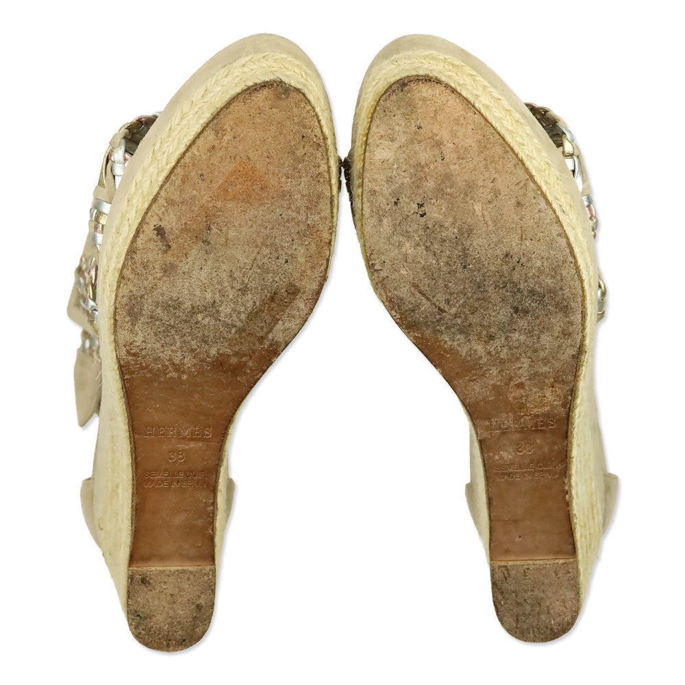 Hermès Beige Multicolor Braided Espadrille Wedge Sandals