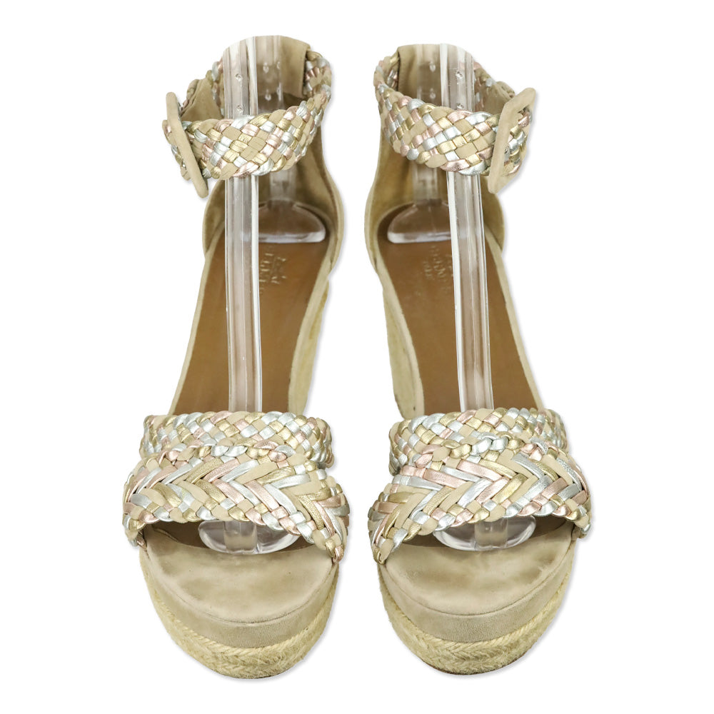 Hermès Beige Multicolor Braided Espadrille Wedge Sandals
