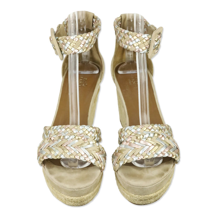 Hermès Beige Multicolor Braided Espadrille Wedge Sandals