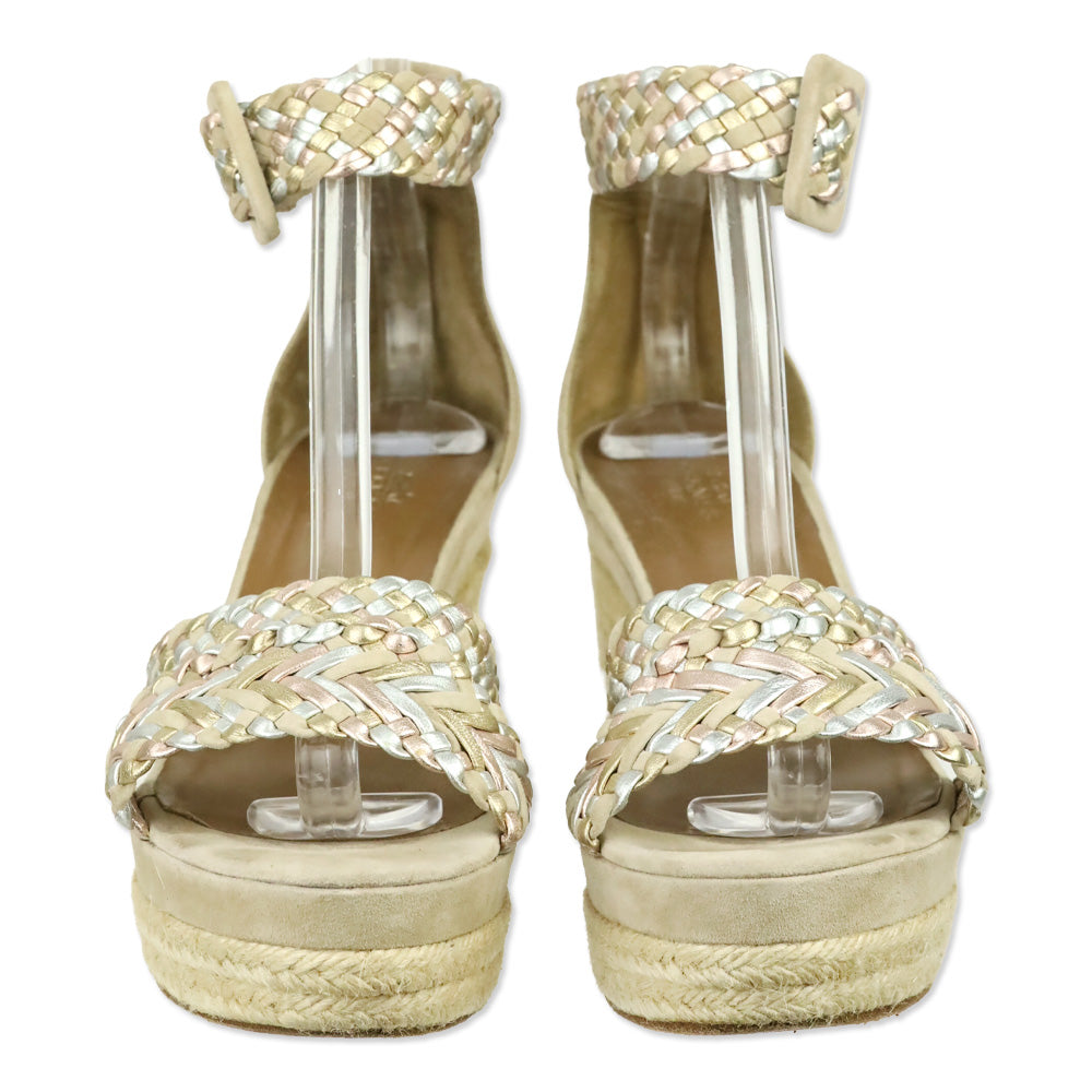 Hermès Beige Multicolor Braided Espadrille Wedge Sandals