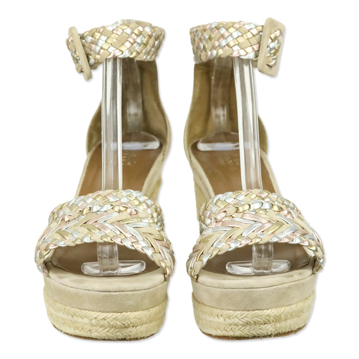 Hermès Beige Multicolor Braided Espadrille Wedge Sandals