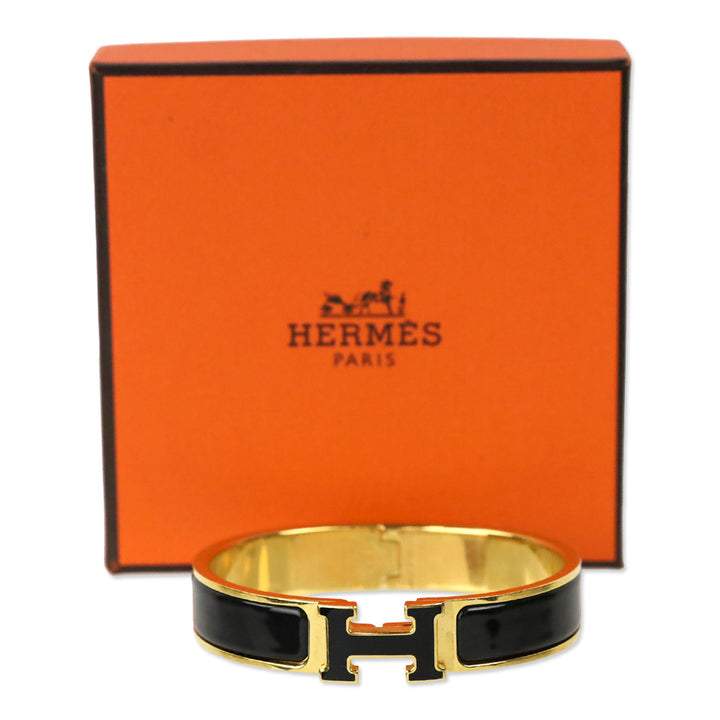 Hermès Black Enamel Yellow Gold Plated Narrow Clic H Bracelet