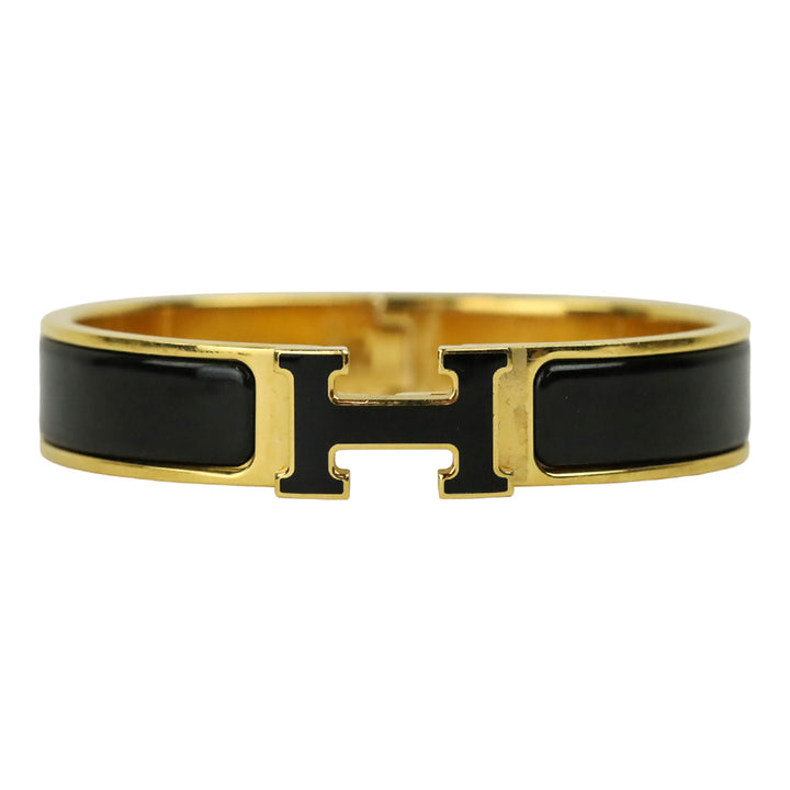 Hermès Black Enamel Yellow Gold Plated Narrow Clic H Bracelet