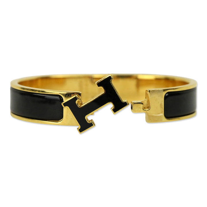 Hermès Black Enamel Yellow Gold Plated Narrow Clic H Bracelet